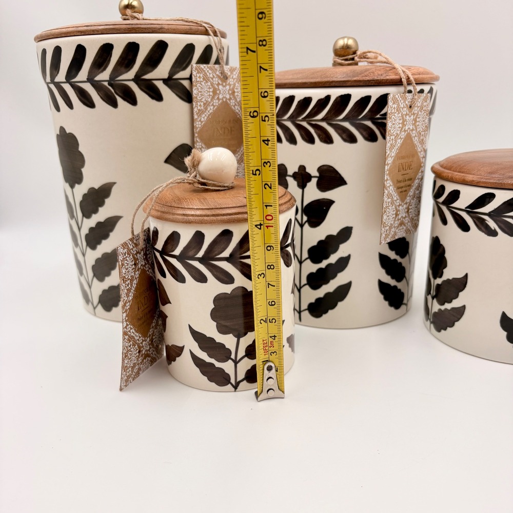 Made in India 4pc Ceramic Canister Set Black Cream Botanical Wood Lids New - Picture 4 of 6